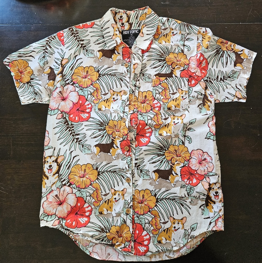 Hot Topic Men's Corgi Floral Shirt - Red, Orange, Green - Picture 3 of 9